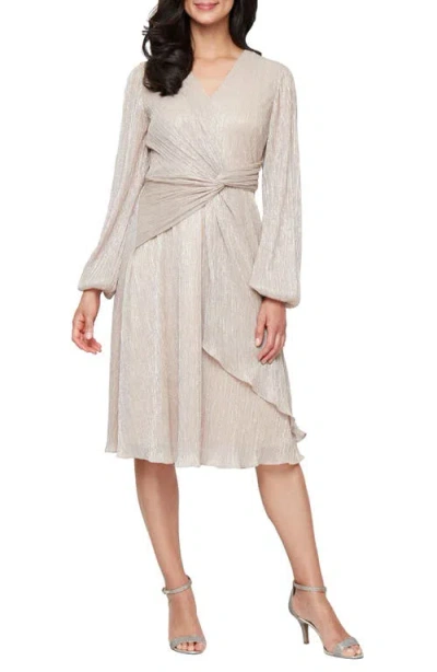 Sl Fashions Knot Front Long Sleeve Metallic Chiffon Cocktail Dress In Gold