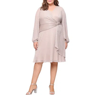 Sl Fashions Knot Front Long Sleeve Metallic Chiffon Cocktail Dress In Neutral