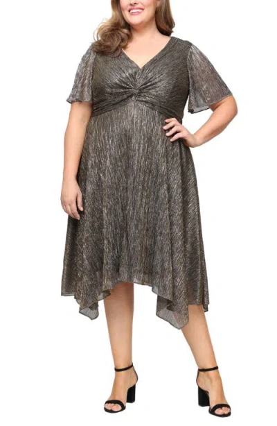 SL FASHIONS SL FASHIONS KNOT FRONT METALLIC MIDI COCKTAIL DRESS