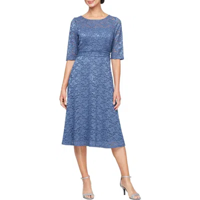 Sl Fashions Lace Overlay Fit & Flare Midi Dress In Wedgewood