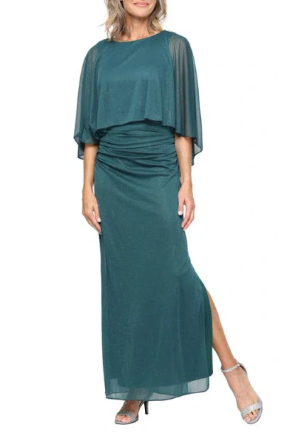 Sl Fashions Long Column Dress With Cold Shoulder Capelet In Green
