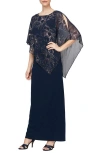 Sl Fashions Metallic Chiffon Overlay Gown In Blue