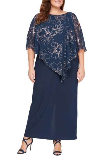 Sl Fashions Metallic Chiffon Overlay Gown In Blue