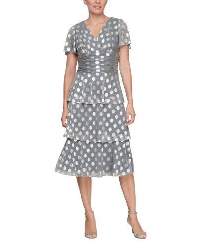Sl Fashions Metallic Dotted Ruched-waist Dress In Gunmetal