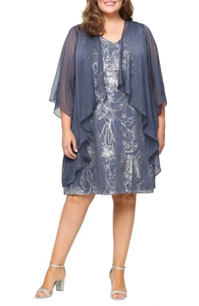 Sl Fashions Metallic Floral Cocktail Shift Dress With Cascade Jacket In Gray