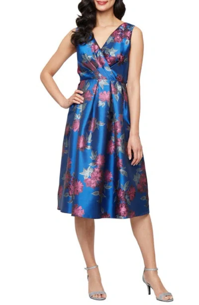 Sl Fashions Metallic Floral Jacquard Cocktail Dress In Blue