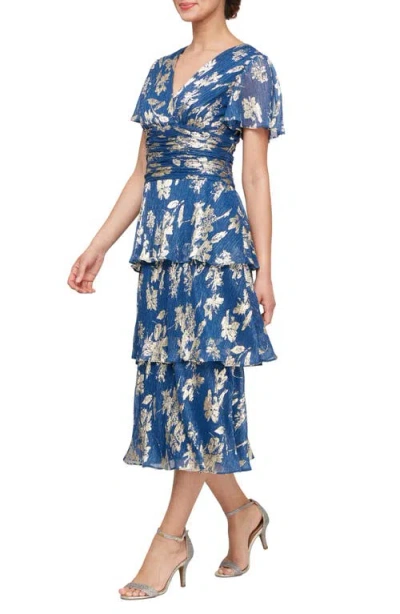 Sl Fashions Metallic Floral Print Midi Cocktail Dress In Blue