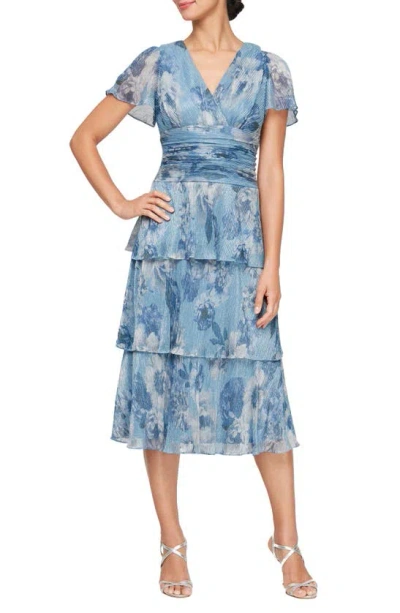 Sl Fashions Metallic Floral Print Tiered Midi Dress In Blue Multi