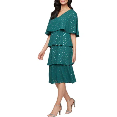 Sl Fashions Metallic Foil Dot Tiered Chiffon Cocktail Midi Dress In Green