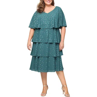 Sl Fashions Metallic Foil Dot Tiered Chiffon Cocktail Midi Dress In Green
