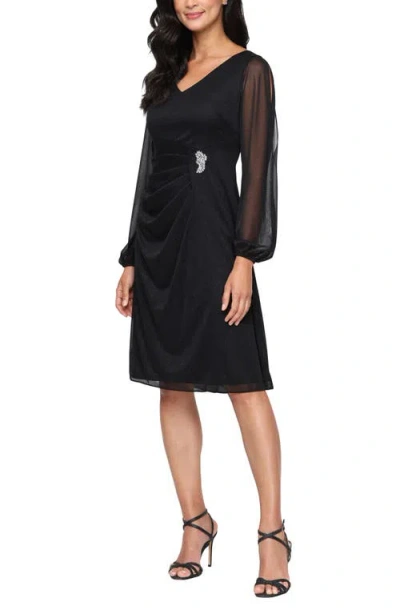 Sl Fashions Metallic Illusion Long Sleeve Cocktail Dress In Black
