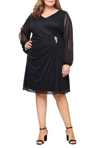 Sl Fashions Metallic Illusion Long Sleeve Cocktail Dress In Black