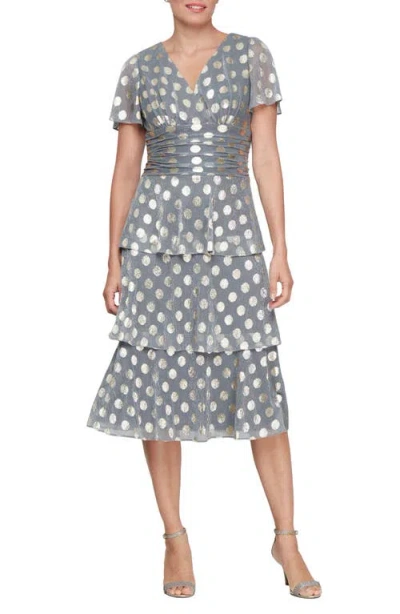 Sl Fashions Metallic Polka Dot Tiered Maxi Dress In Gunmetal