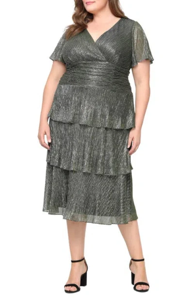 Sl Fashions Metallic Surplice Neck Dress In Green
