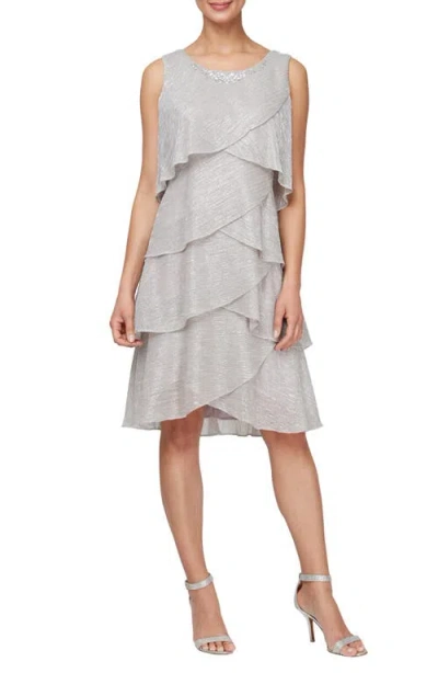 Sl Fashions Metallic Tiered Sleeveless Dress With Jacket In Pearl