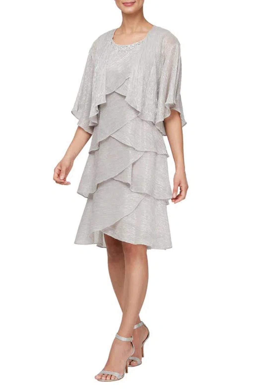 Sl Fashions Metallic Tiered Sleeveless Dress With Jacket In Pearl | ModeSens