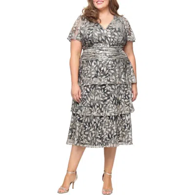 Sl Fashions Metallic Tiered Surplice Neck Midi Dress In Gray