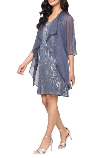 Sl Fashions Metalllic Floral Cocktail Shift Dress With Cascade Jacket In Gray