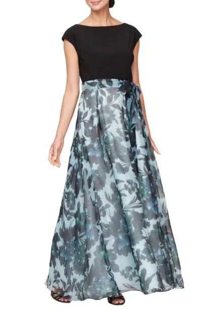 Sl Fashions Organza Patterned Gown In Black Multi