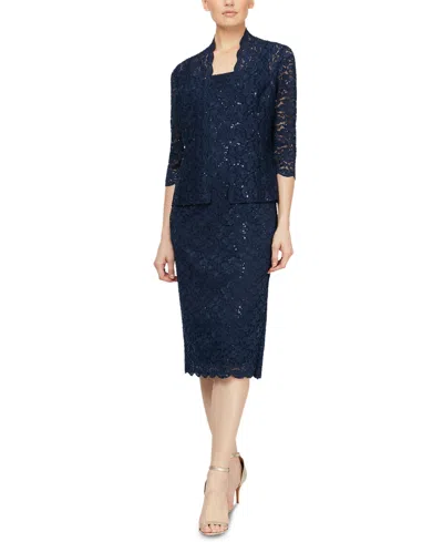 Sl Fashions Petite 2-pc. Lace Jacket & Midi Dress Set In Blue