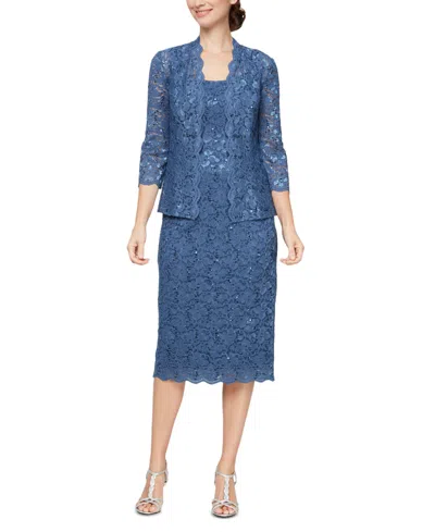 Sl Fashions Petite 2-pc. Lace Jacket & Midi Dress Set In Wedgewood