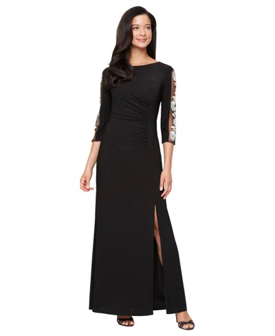 Sl Fashions Petite 3/4-sleeves Round Neck A-line Dress In Black
