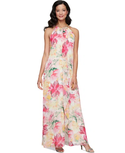 Sl Fashions Petite Beaded Halter Ruffled Chiffon Gown In Pink Multi