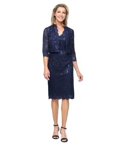 Sl Fashions Petite Bolero V-neck Jacket With Dress, 2-piece Set In Blue