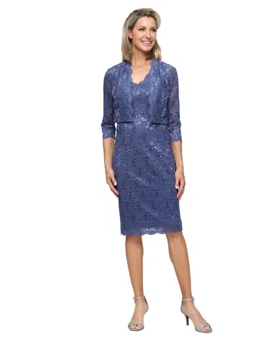 Sl Fashions Petite Bolero V-neck Jacket With Dress, 2-piece Set In Blue