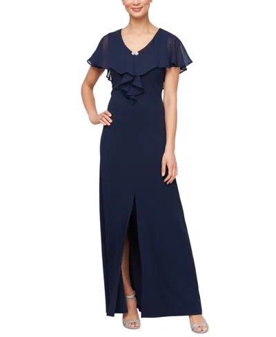 Sl Fashions Petite Chiffon Cape-overlay Long Dress In Navy