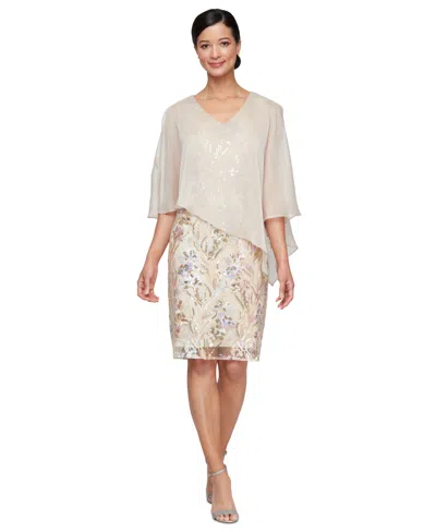 Sl Fashions Petite Embellished Cape-overlay Sheath Dress In Champagne Multi