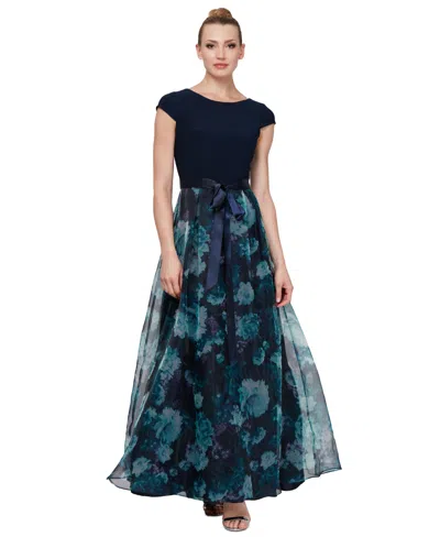 Sl Fashions Petite Floral-organza Satin-bow Gown In Navy Multi