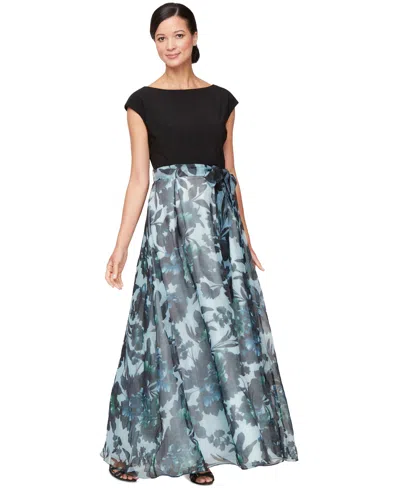 SL FASHIONS PETITE FLORAL-PRINT CAP-SLEEVE GOWN