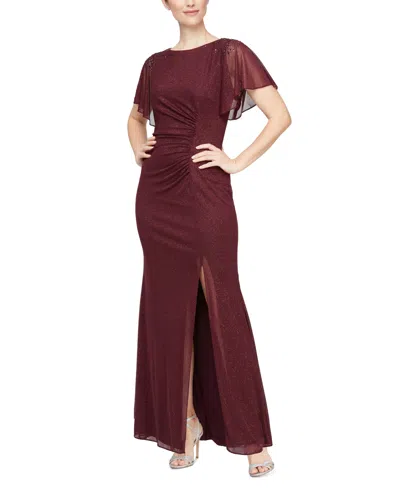 Sl Fashions Petite Flutter-sleeve Embellished Glitter Gown In Burgundy
