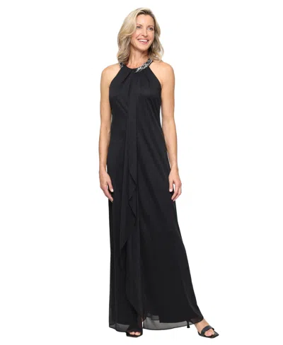 Sl Fashions Petite Glitter A-line Halter Long Mesh Dress In Black