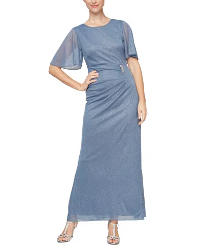 Sl Fashions Petite Glitter Mesh Embellished Ruched Gown In Blue