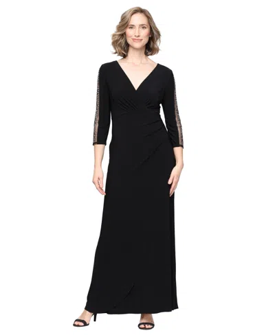 Sl Fashions Petite Illusion-beaded Surplice Gown In Black
