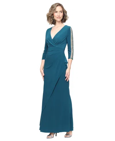 Sl Fashions Petite Illusion-beaded Surplice Gown In Blue