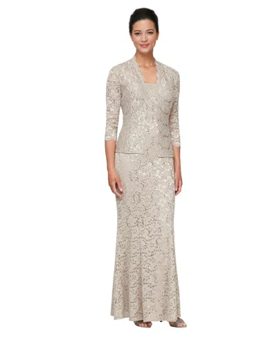 Sl Fashions Petite Long Fit & Flare Sequins Scoop Neck Lace Dress And Jacket, 2-piece Set In Neutral