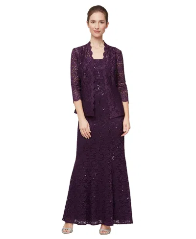 Sl Fashions Petite Long Fit & Flare Sequins Scoop Neck Lace Dress And Jacket, 2-piece Set In Purple
