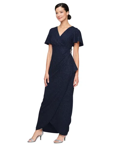 Sl Fashions Petite Long Flutter Sleeve Dress In Blue