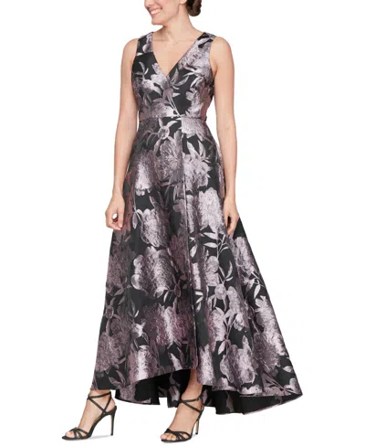Sl Fashions Petite Metallic-jacquard Sleeveless High-low Gown In Blk,blush