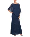 Sl Fashions Petite Round-neck Sequin Lace Cape Dress In Blue