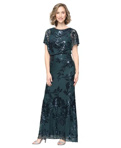 Sl Fashions Petite Sequin Floral-print Boat Neck Dress In Green