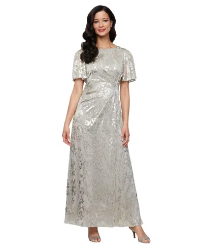 Sl Fashions Petite Short-sleeve Metallic A-line Gown In Silver