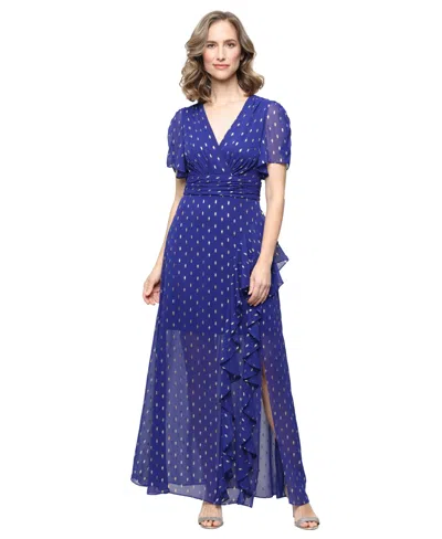 Sl Fashions Petite Short-sleeve V-neck Long Dress In Blue