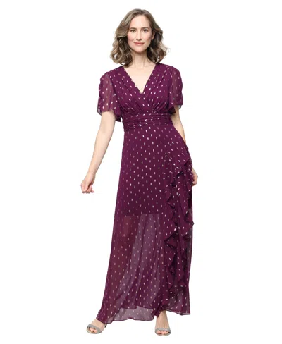 Sl Fashions Petite Short-sleeve V-neck Long Dress In Purple