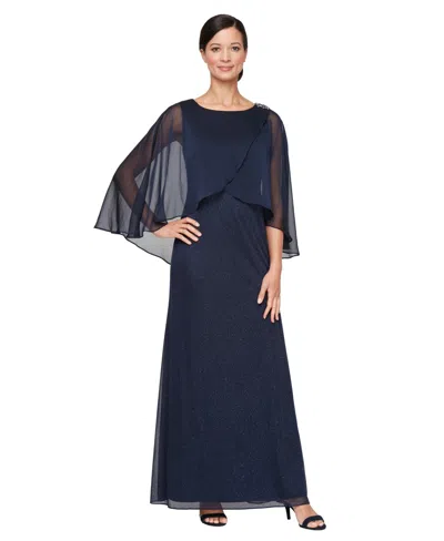 Sl Fashions Petite Tulip Overlay Crew Neck Ball Gown In Blue