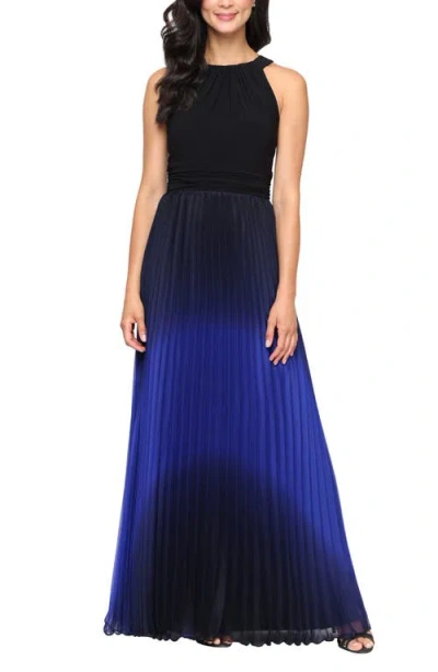 Sl Fashions Pleated Ombré Chiffon Halter Gown In Blue
