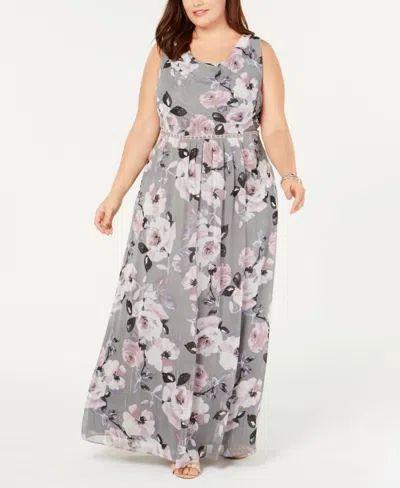 Sl Fashions Plus Size Floral Maxi Gown In Gray Multi